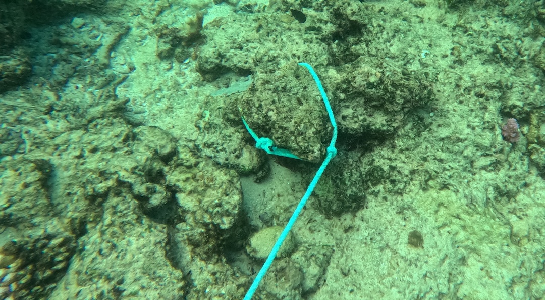 Line attached, knot facing the boat